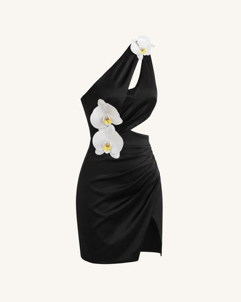 Robe courte à découpes et ornements orchidées - Noir