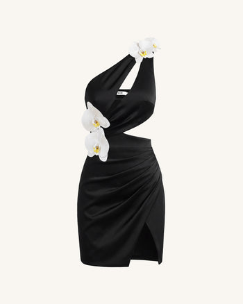 Robe courte à découpes et ornements orchidées - Noir