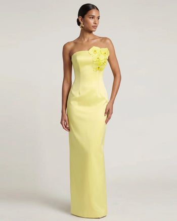 Robe longue bustier ornée d'orchidées - Jaune