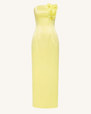 Robe longue bustier ornée d'orchidées - Jaune