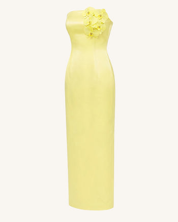 Robe longue bustier ornée d'orchidées - Jaune