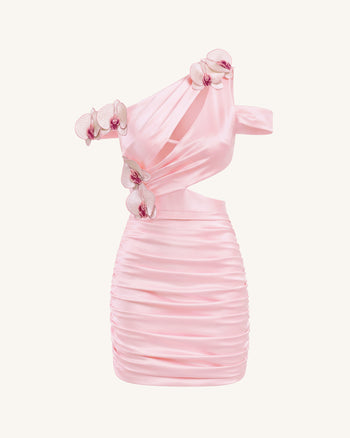 Robe courte froncée à découpes brodée d'orchidées - Rose poudré