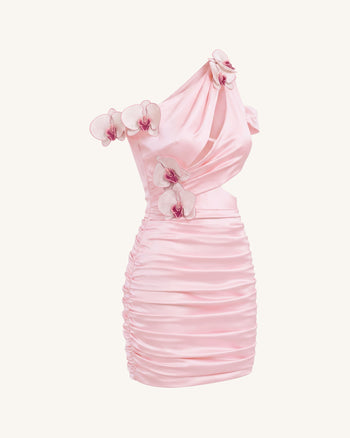 Robe courte froncée à découpes brodée d'orchidées - Rose poudré