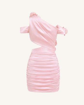 Robe courte froncée à découpes brodée d'orchidées - Rose poudré