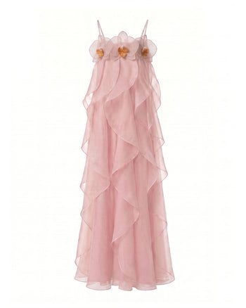Robe longue en organza brodée d'orchidées - Rose poudré