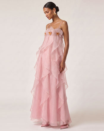 Robe longue en organza brodée d'orchidées - Rose poudré