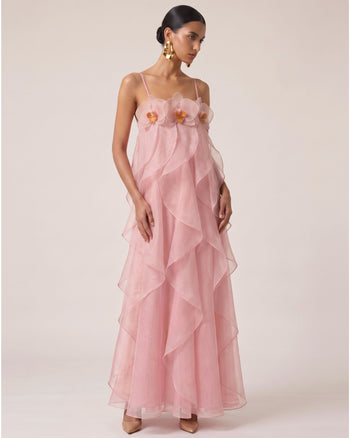 Robe longue en organza brodée d'orchidées - Rose poudré
