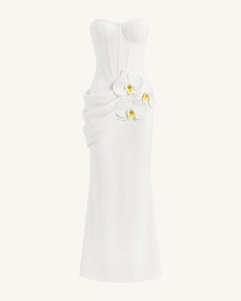 Robe longue corset à ornements orchidées - Blanc