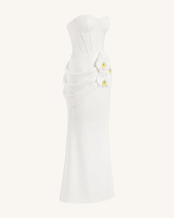 Robe longue corset à ornements orchidées - Blanc
