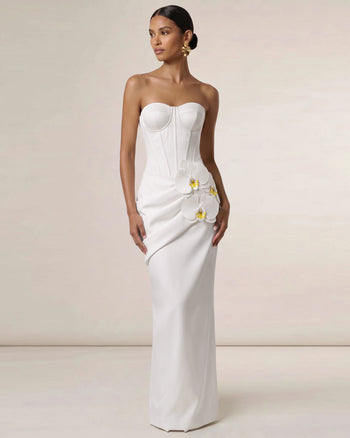 Robe longue corset à ornements orchidées - Blanc