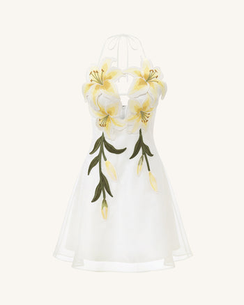 Robe courte dos nu brodée de lys - Blanc