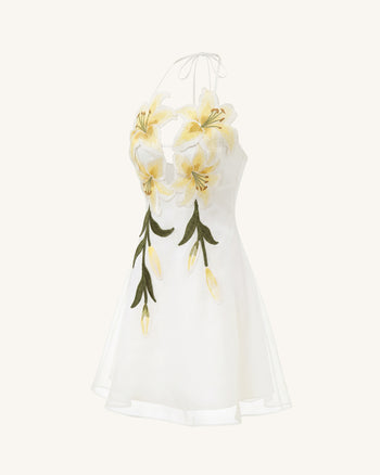 Robe courte dos nu brodée de lys - Blanc