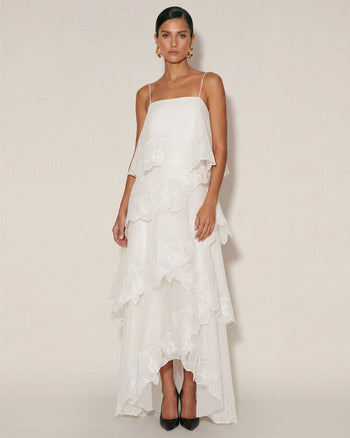 Robe longue superposée à broderies orchidées - Blanc