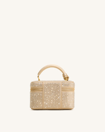 Sac à main avec anse supérieure en forme de boîte et cristal artificiel Cleo - Champagne