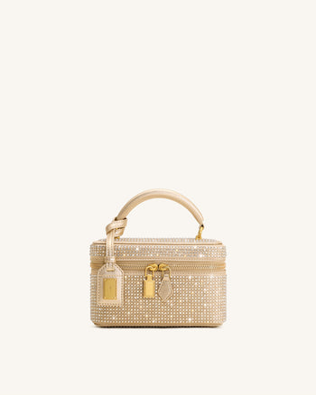 Sac à main avec anse supérieure en forme de boîte et cristal artificiel Cleo - Champagne