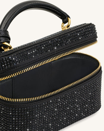 Sac à main avec anse supérieure en forme de boîte et cristal artificiel Cleo - Noir