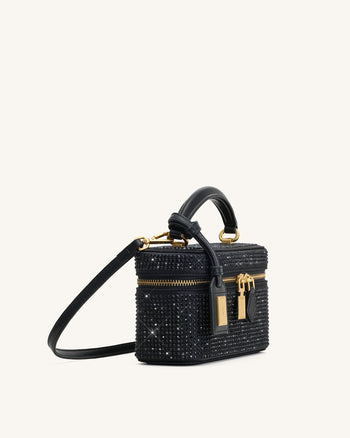Sac à main avec anse supérieure en forme de boîte et cristal artificiel Cleo - Noir
