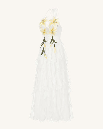 Robe longue à étages, dos nu, brodée de lys - Blanc