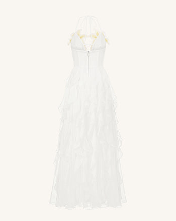 Robe longue à étages, dos nu, brodée de lys - Blanc