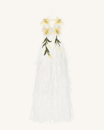 Robe longue à étages, dos nu, brodée de lys - Blanc