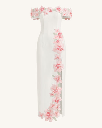 Robe longue épaules dénudées à fleurs brodées - Ivoire