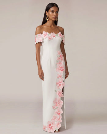 Robe longue épaules dénudées à fleurs brodées - Ivoire