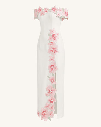 Robe longue épaules dénudées à fleurs brodées - Ivoire