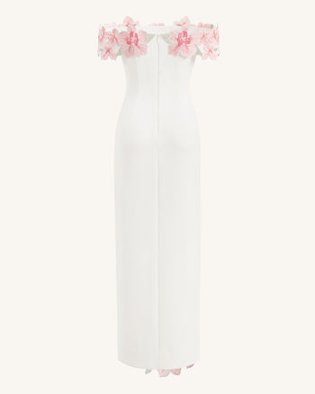 Robe longue épaules dénudées à fleurs brodées - Ivoire