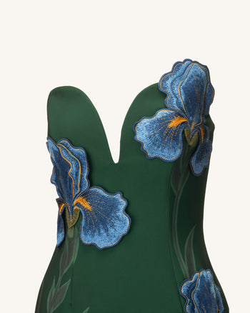 Iris Robe longue bustier brodée à encolure à encoche - Vert émeraude