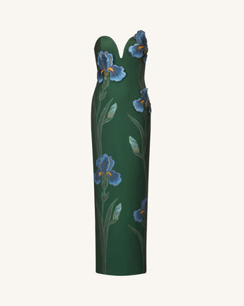 Iris Robe longue bustier brodée à encolure à encoche - Vert émeraude