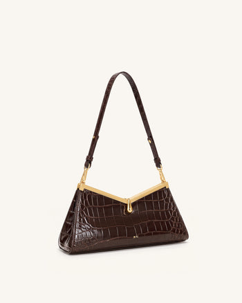 Nerina Sac à bandoulière à cadre en V - Effet croco marron foncé