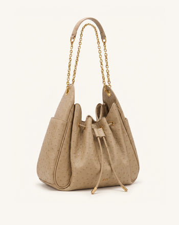 Rowan Sac seau à chaîne, cordon de serrage et détails froncés en faux cuir façon autruche - Marron chêne