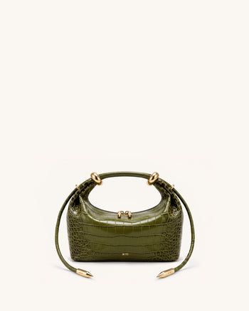 Ellie Sac à main à poignée supérieure orné d'un anneau métallique - Vert olive effet croco