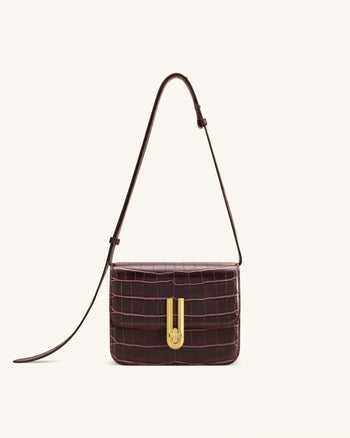 Evania Sac porté épaule à fermoir - Effet croco bordeaux