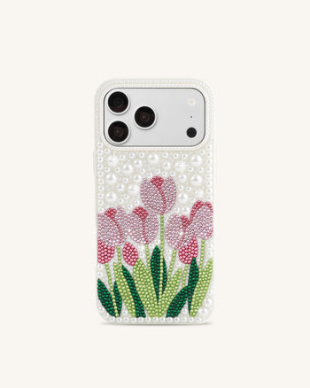 Coque de téléphone tulipe et fausses perles - Blanc