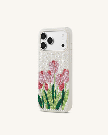 Coque de téléphone tulipe et fausses perles - Blanc
