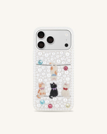Coque de téléphone chats espiègles ornés de perles - Blanc