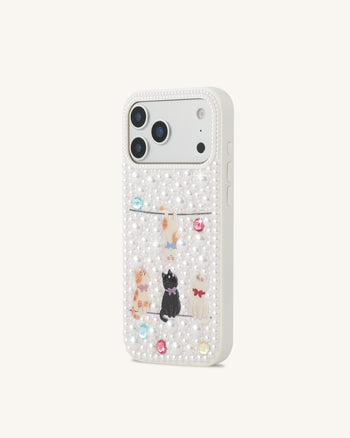 Coque de téléphone chats espiègles ornés de perles - Blanc