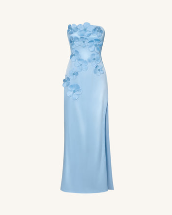 Robe longue à broderie florale - Bleu