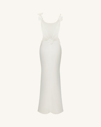 Robe en satin avec appliqués floraux 3D - Blanc