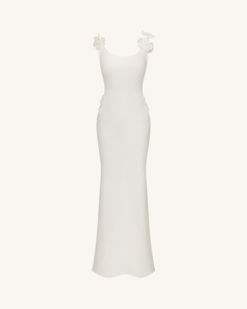 Robe en satin avec appliqués floraux 3D - Blanc