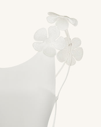 Robe en satin avec appliqués floraux 3D - Blanc