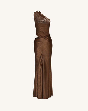 Robe en satin fleurie à une épaule - Marron