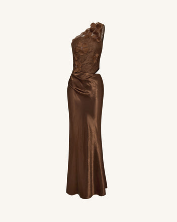 Robe en satin fleurie à une épaule - Marron