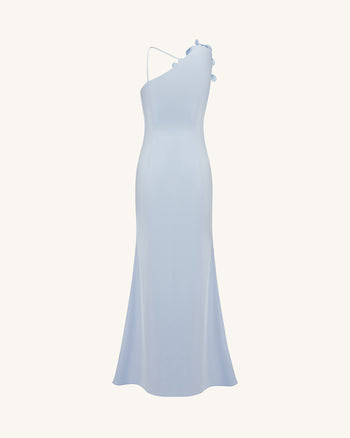Robe longue à une épaule avec appliqués floraux - Bleu clair