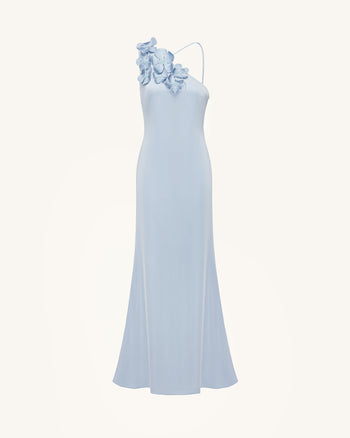 Robe longue à une épaule avec appliqués floraux - Bleu clair