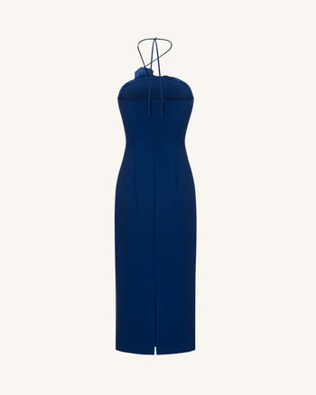Iris Robe midi dos nu brodée - Bleu marine