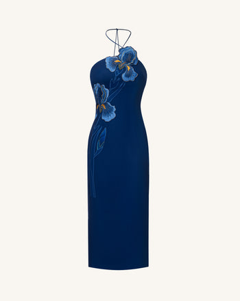 Iris Robe midi dos nu brodée - Bleu marine