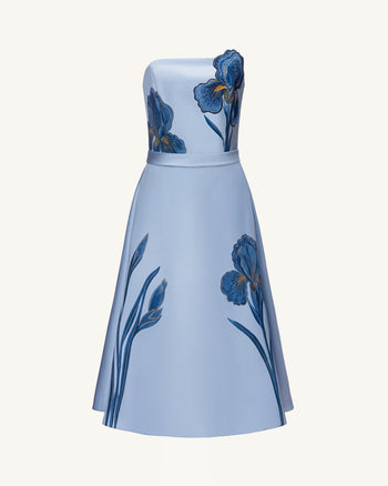 Iris Robe midi bustier brodée coupe trapèze - Bleu cendré