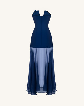 Iris Robe longue brodée à décolleté plongeant et voile transparent - Bleu marine
